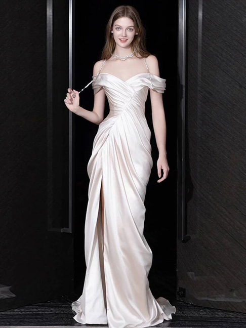 Modest Mermaid Off The Shoulder White Slit Satin Wedding Dress Long Fairytale Autumn Wedding Dresses AU307