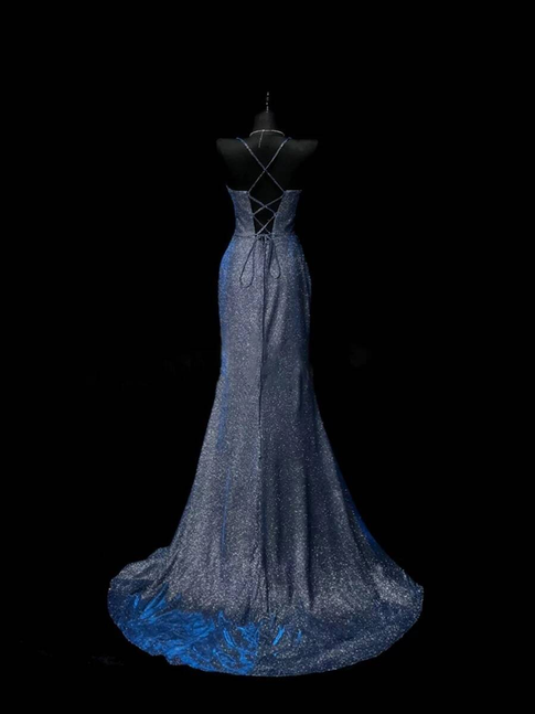 Sexy Meerjungfrau Spaghettiträger Marineblau Pailletten Ballkleider Partykleid 21. Geburtstag Outfits Abschlusskleid AU324