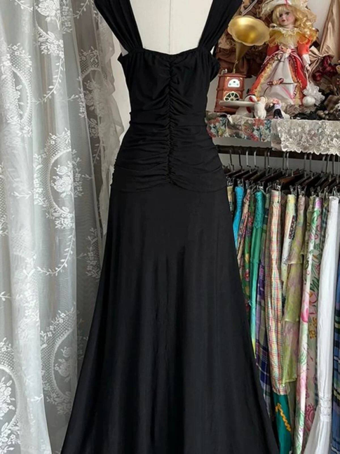 Vintage Mermaid V Neck Black Long Satin Prom Dress Inspiration Party Formal Gown Prom Dresses AU329