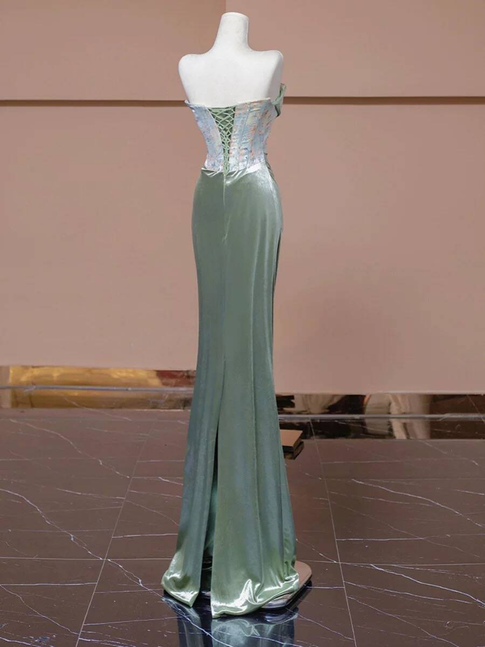Vintage Meerjungfrau Trägerloses Grünes Langes Satin Abendkleid Inspiration Party Abendkleid Abendkleider AU336