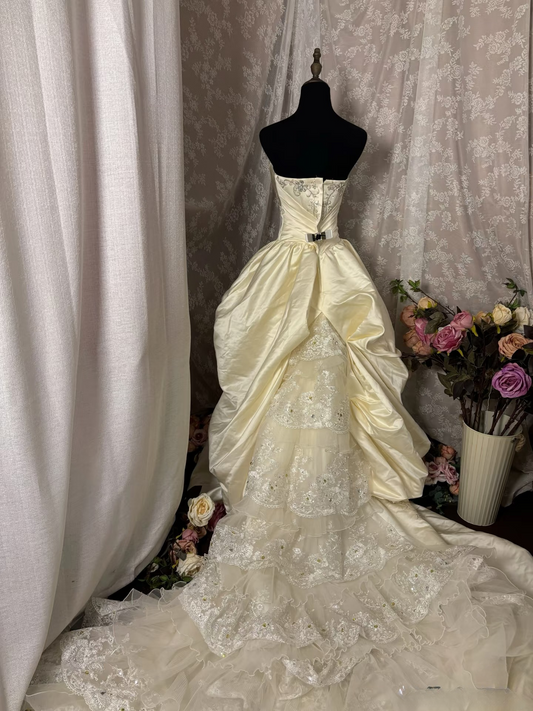 Vintage Ball Gown Strapless 60s Taffeta Ivory Lace With Appliqued Long Bride Dress Long Bride Dress Classy Wedding Dresses AU340