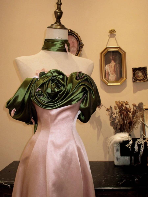 Robe de bal rétro trapèze à épaules dénudées et col vert, longue robe de soirée en satin rose, inspiration robe de soirée formelle, robes de bal AU342