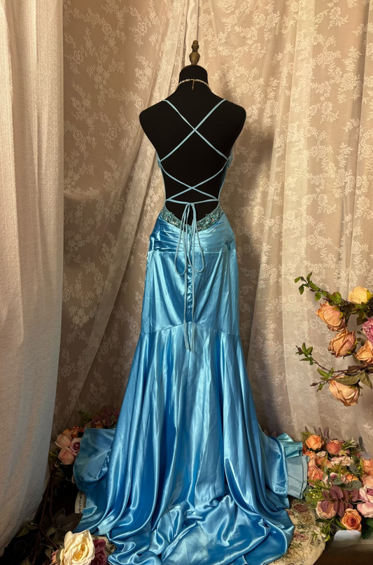 Vintage Prom Dress Outfit A line Spaghetti Straps Blue Long Prom Dresses Formal Evening Gowns AU343