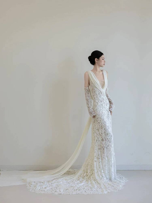 Simple Elegant Mermaid V Neck Lace Wedding Gown Long Fairytale Autumn Wedding Dresses AU344