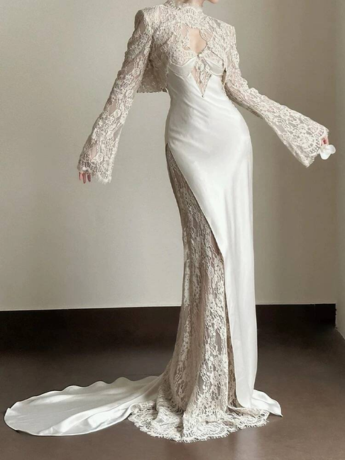 Modest Mermaid Spaghetti Straps Sleeveless White Lace Wedding Dress Brides Dresses Fairytale Wedding Gown AU347