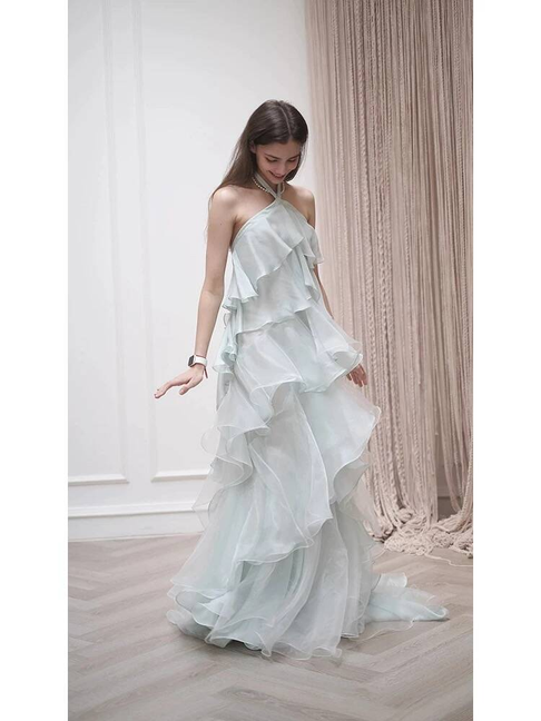 Robe de bal simple en mousseline de soie, coupe licou, sans manches, longueur au sol, tenue de soirée, tenue d'anniversaire, robe de remise de diplôme, AU355