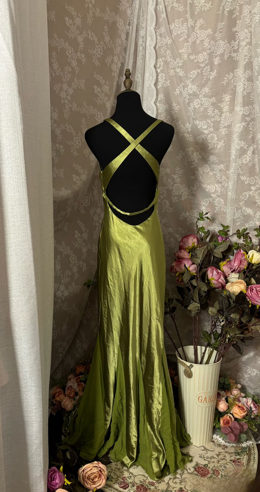 Vintage Mermaid V Neck Olive Green Satin Backless Cross Straps Long Prom Dresses Formal Party Teens Evening Gowns AU362