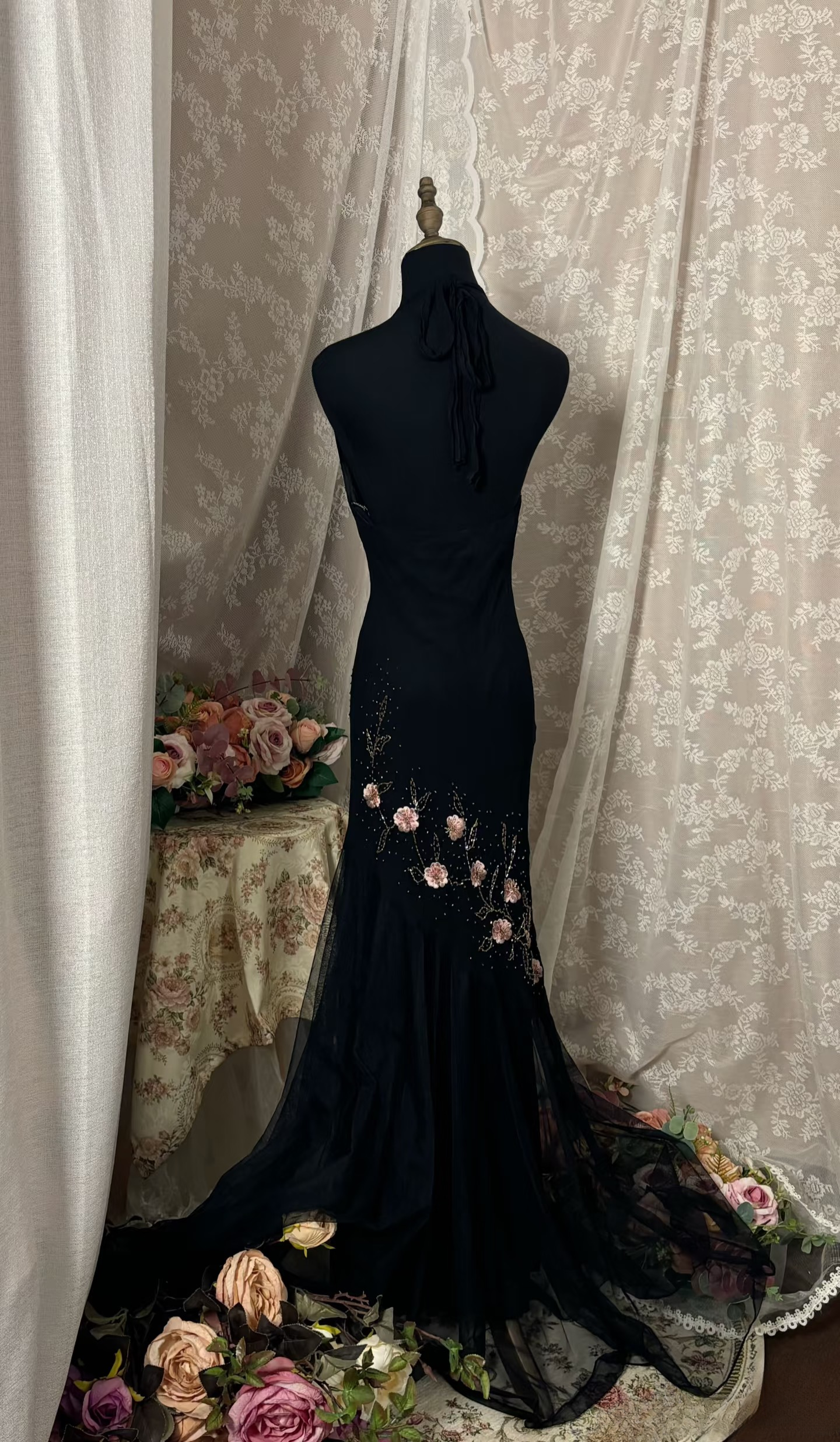 Robe de bal vintage sirène asymétrique noire ornée de perles argentées, longue, style années 90, robe de soirée formelle AU363