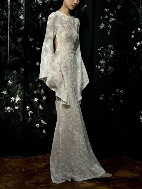 Robe de mariée blanche vintage en dentelle style sirène, manches longues, style conte de fées, AU366