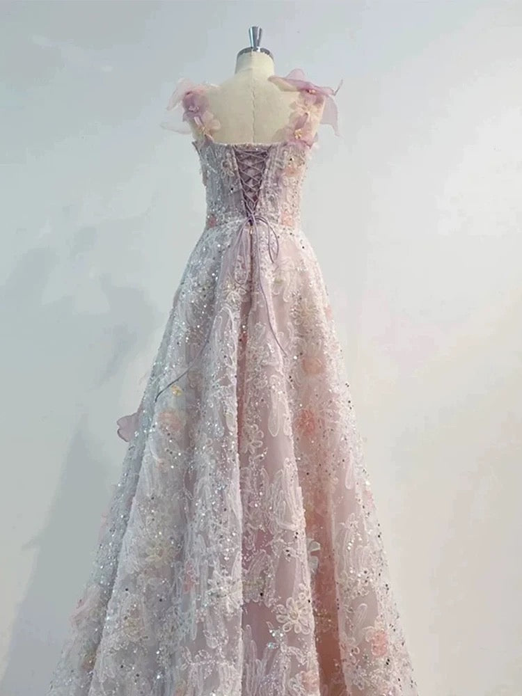Robe de bal modeste, robe de soirée longue en tulle rose à fleurs et dentelle, bustier cœur, AU368