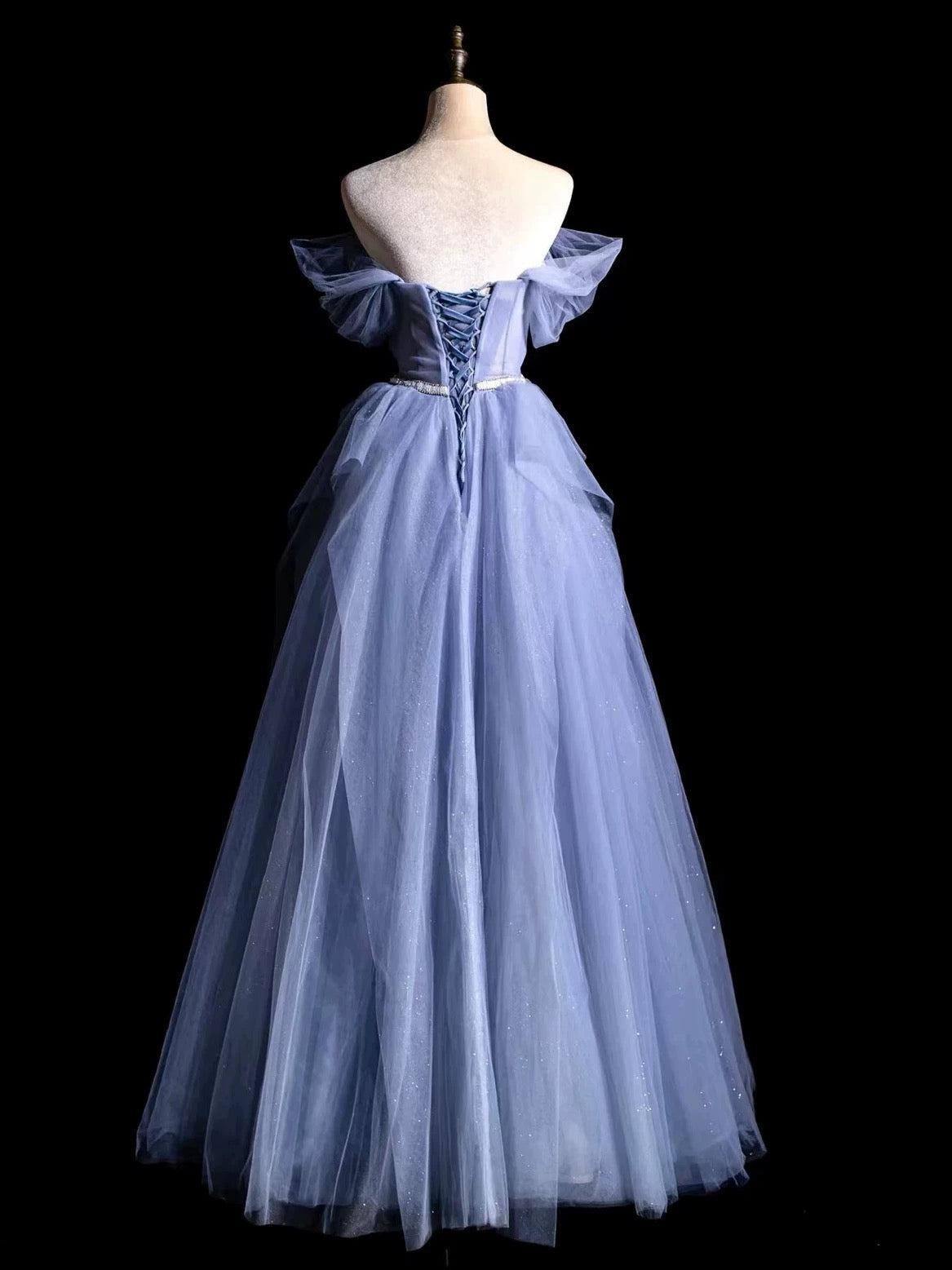 Robe de bal sobre, robe de soirée longue en tulle bleu à épaules dénudées, modèle AU369
