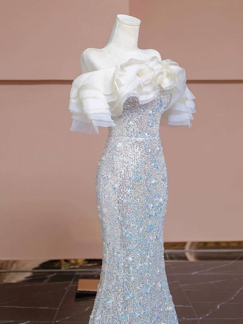 Robe de bal longue argentée à paillettes et épaules dénudées, style sirène sexy, inspiration robe de soirée formelle, robes de bal AU374