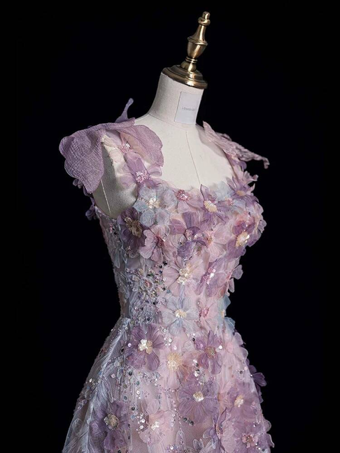 Wunderschöne A-Linie Spaghettiträger Rosa Blumen Pailletten Ballkleider Partykleid 16. Geburtstag Outfits Abschlusskleid AU375