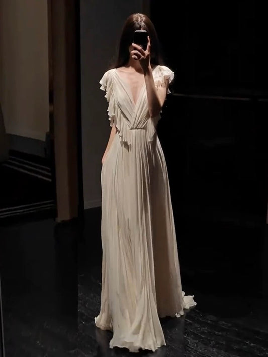 Gorgeous A Line V Neck Chiffon Ivory Long Prom Dresses Formal Party Teens Evening Gowns AU375