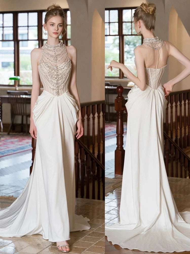 Sexy Mermaid High Neck Chiffon Silver Beads Gem Long Summer Bride Dress Long Bride Dress Classy Wedding Dresses AU376