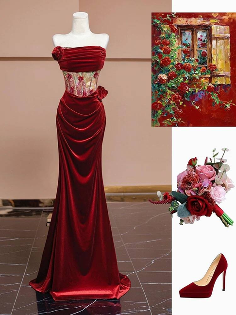 Sexy Meerjungfrau Trägerloses Rotes Samt Ballkleider Partykleid 21. Geburtstag Outfits Abschlusskleid AU377