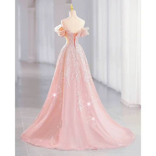 Wunderschönes A-Linien-Abendkleid mit schulterfreiem, errötendem Rosa und Pailletten, Partykleid zum 16. Geburtstag, Abschlusskleid AU378