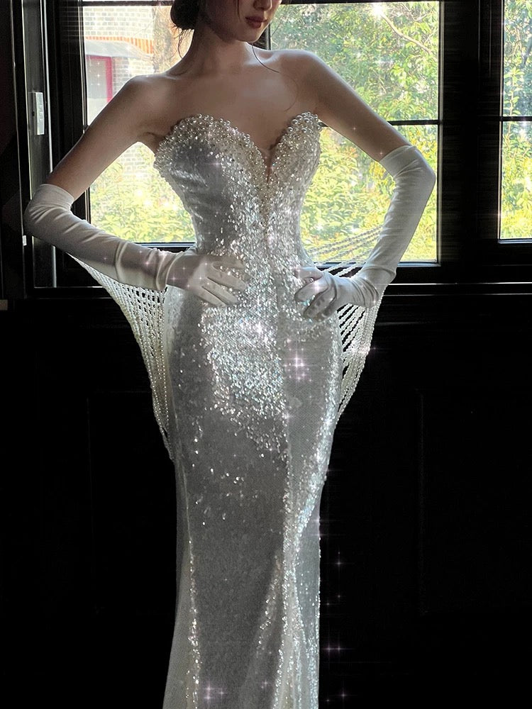 Gorgeous Mermaid Sweetheart White Beads Sequins Prom Dresses Formal Party Teens Evening Gowns AU373