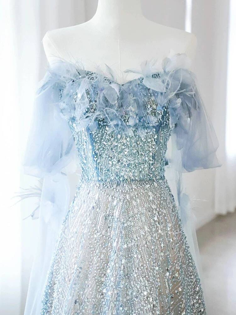 Robe de bal modeste à épaules dénudées, bleu, paillettes, longue robe de bal, inspiration, robe de soirée formelle, robes de bal AU383