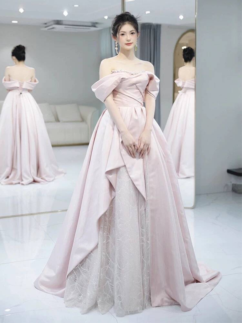 Bescheidenes Ballkleid aus der Schulter rosa Pailletten langes Ballkleid Inspiration Party formales Kleid Ballkleider AU386