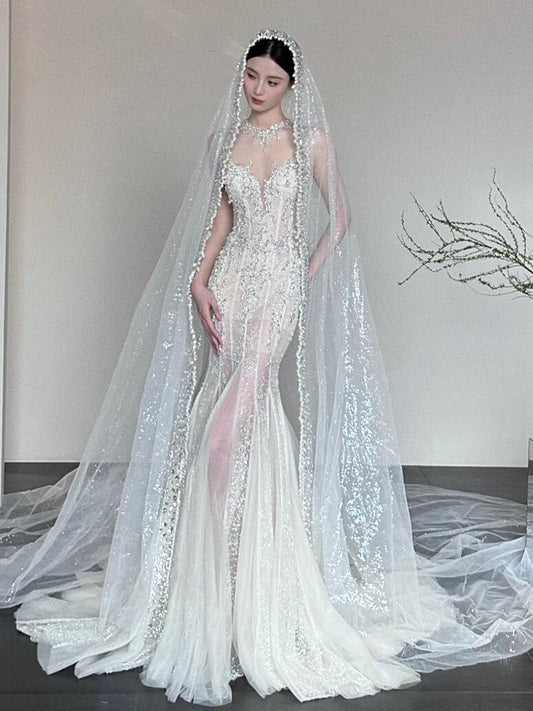 Sexy Mermaid Scoop Neck Tulle With Beads Gem Long Summer Bride Dress Long Bride Dress Classy White Wedding Dresses AU386