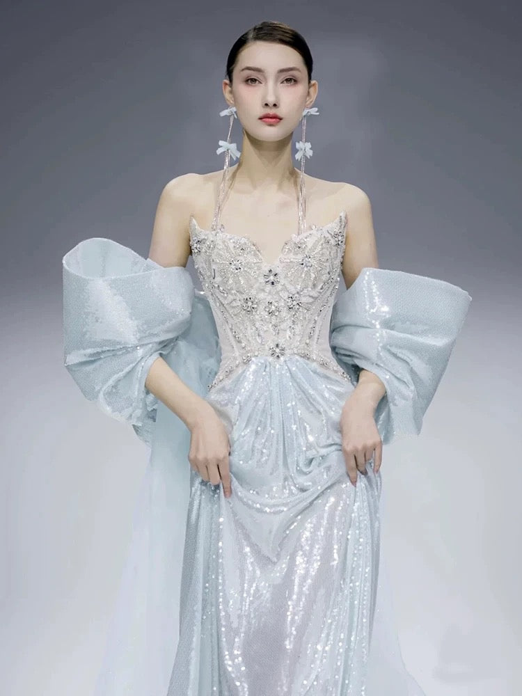 Gorgeous Mermaid Sweetheart Blue Sequins With Gem Beads Prom Dresses Formal Party Teens Evening Gowns AU391