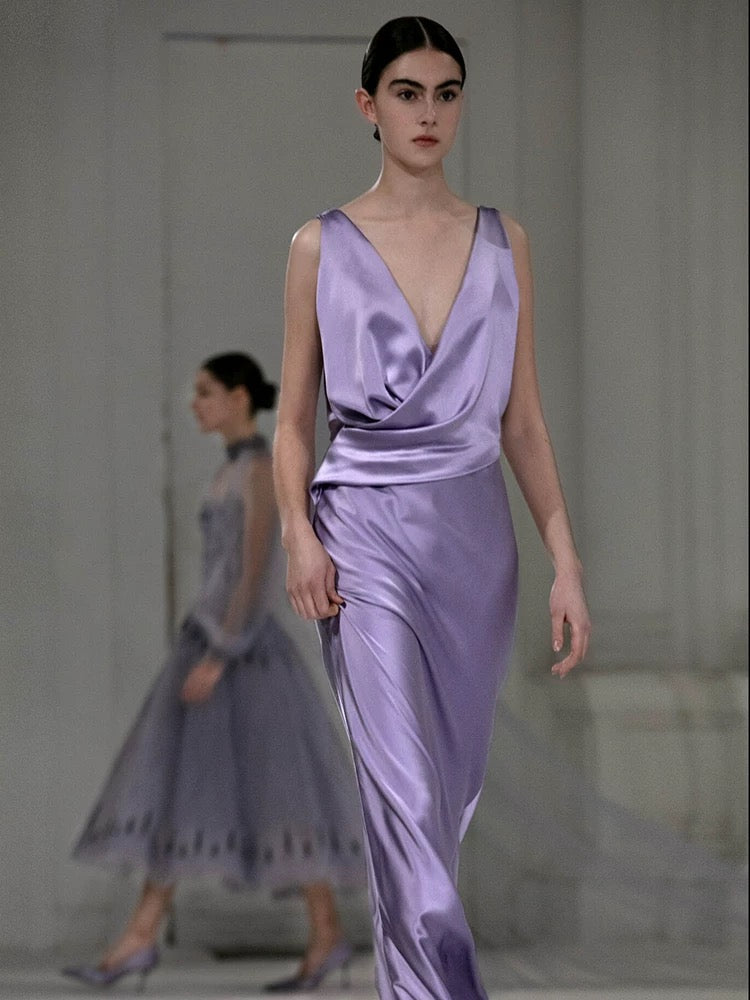 Robe de bal longue plissée en satin raisin clair, col en V, coupe fourreau, modèle AU393