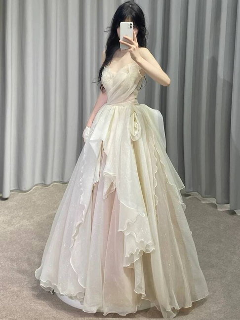 Timeless Ball Gown Strapless Yellow Chiffon Prom Dresses Party Dress Birthday Outfits Graduation Dress AU395