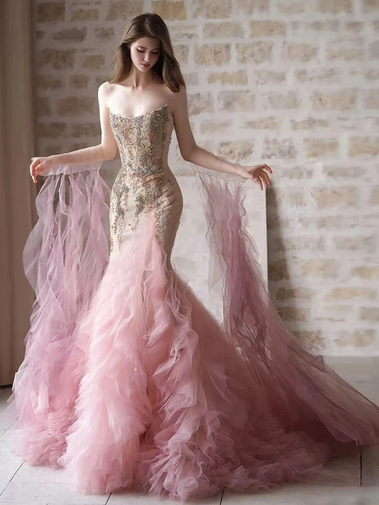 Modest Mermaid Strapless Pink Tulle Beaded Gem Long Prom Dresses Formal Party Teens Evening Gowns AU398