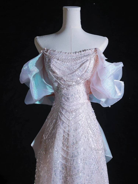 Modest A line Off The Shoulder Pink Sequins Long Prom Dress Inspiration Party Formal Gown Prom Dresses AU399