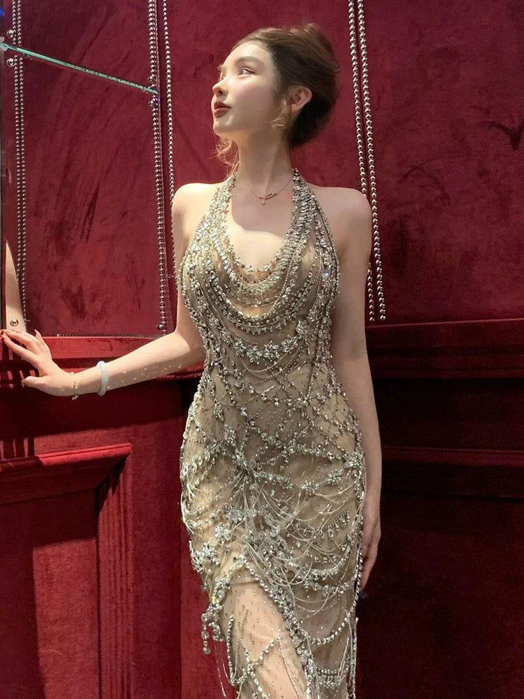 Robe de bal longue sirène vintage dos nu en tulle champagne et perles argentées, idéale pour les soirées formelles et les adolescentes (AU377)