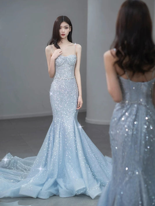 Modest Mermaid Spaghetti Straps Light Sky Blue Prom Dresses Sequin Party Dress Birthday Outfits Graduation Dress AU400