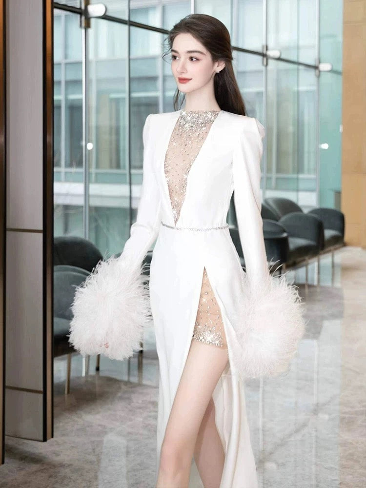 Sexy Sheath V Neck Long Sleeves White Satin With Silver Beads Gem Feathers Long Bride Dress Long Bride Dress Classy Wedding Dresses AU400