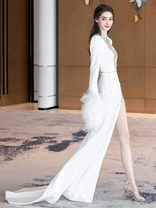 Sexy Sheath V Neck Long Sleeves White Satin With Silver Beads Gem Feathers Long Bride Dress Long Bride Dress Classy Wedding Dresses AU400