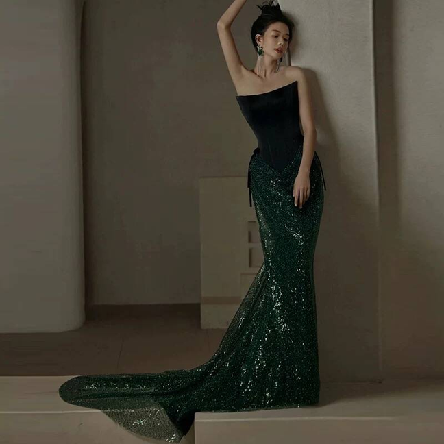 Robe de bal à paillettes vert foncé, fourreau scintillant, sans bretelles, tenue de soirée pour 17e anniversaire, robe de remise de diplôme, AU404