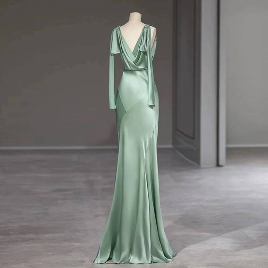 Modest Mermaid V Neck Sage Green Satin Prom Dresses Sequin Party Dress Birthday Outfits Graduation Dress AU405