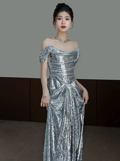 Robe de bal sirène à épaules dénudées et paillettes argentées, tenue de soirée pour 20e anniversaire, robe de remise de diplôme, AU411