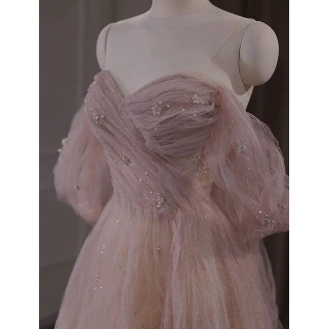Classy A Line Off The Shoulder Blush Pink Tulle Prom Dresses Party Dress 21st Birthday Outfits Senior Graduation Dress AU419