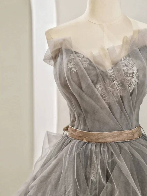 Robe de bal élégante sans bretelles en tulle gris, robe de soirée, robe de danse, robe de remise de diplôme de lycée AU426