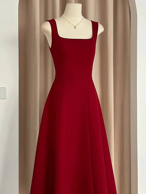 Simple A line Square Neck Red Satin Prom Dresses Party Dress 18th Birthday Outfits Graduation Dress AU437