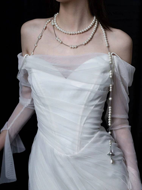 Robe de mariée sirène vintage en tulle blanc à épaules dénudées, longue robe de mariée de conte de fées, AU448