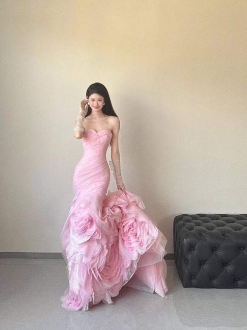Cute Mermaid Sweetheart Pink Tulle Prom Dresses Long Party Dress 22th Birthday Outfits Graduation Dress AU474