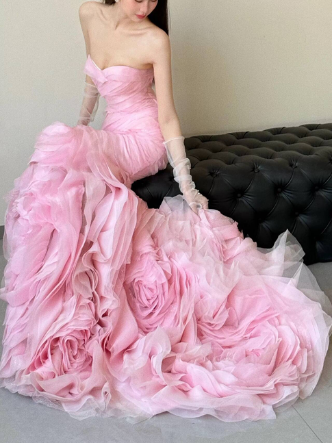 Robe de bal sirène en tulle rose, jolie robe longue de soirée, tenue d'anniversaire pour 22 ans, robe de remise de diplôme, AU474
