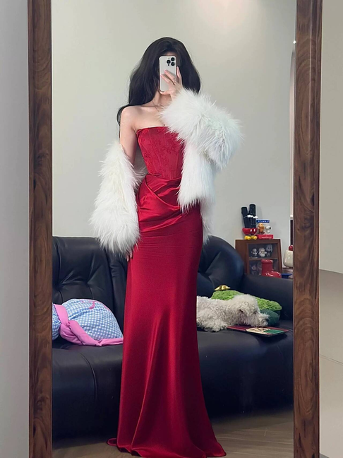 Robe de bal longue en satin bordeaux, style sirène, sans bretelles, sexy, inspiration, robe de bal, robe de remise de diplôme, AU475