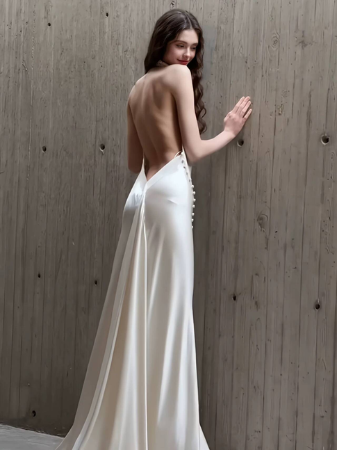 Robe de mariée vintage en satin à col montant et gaine, tenue de mariage de conte de fées, AU479