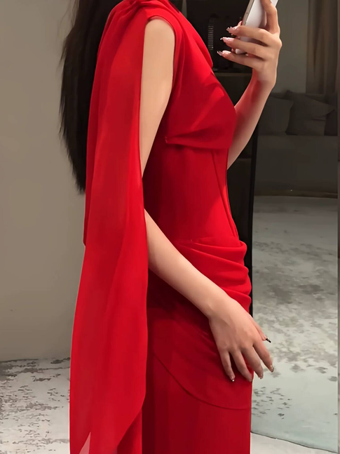 Robe de bal longue en mousseline de soie rouge à col bénitier et sirène élégante, robe de bal d'inspiration, robe de remise de diplôme, AU487