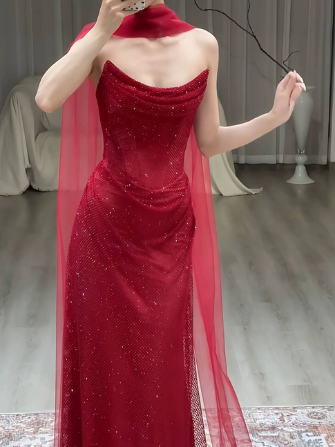 Robe de bal longue à paillettes rouges, style sirène, décolleté en cœur, élégante, avec écharpe, pour remise de diplôme, AU491