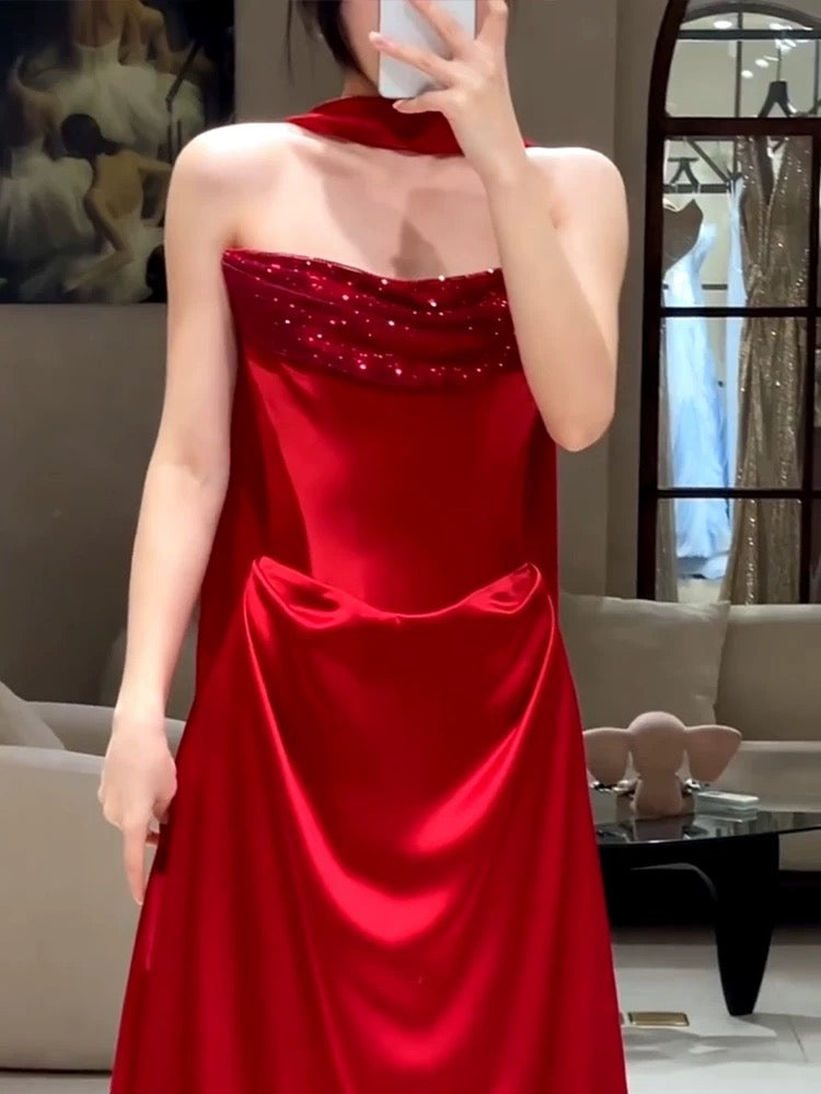 Robe de bal longue en satin rouge, élégante, style sirène, décolleté en cœur, robe de remise de diplôme avec écharpe, AU492