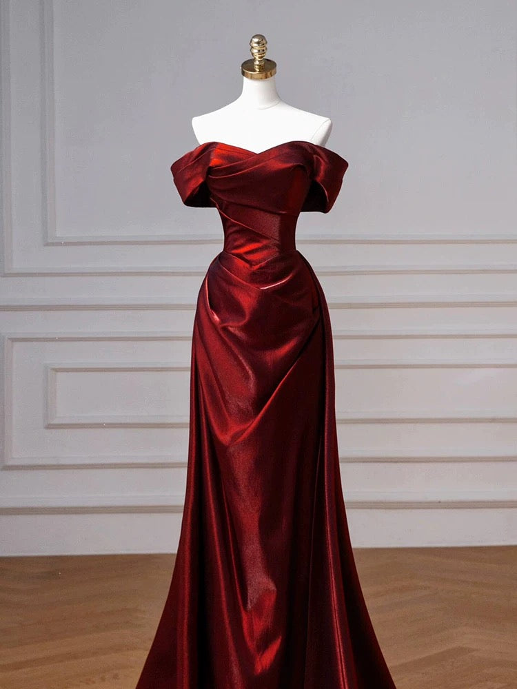 Robe de bal longue en satin bordeaux, élégante, style sirène, épaules dénudées, inspiration robe de bal, robe de remise de diplôme, AU506