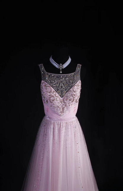 Robe de bal rétro trapèze, col carré, tulle rose, longueur au sol, inspiration, robe longue de bal AU524